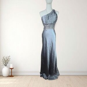y2k silver one shoulder satin maxi dress open back prom formal gown